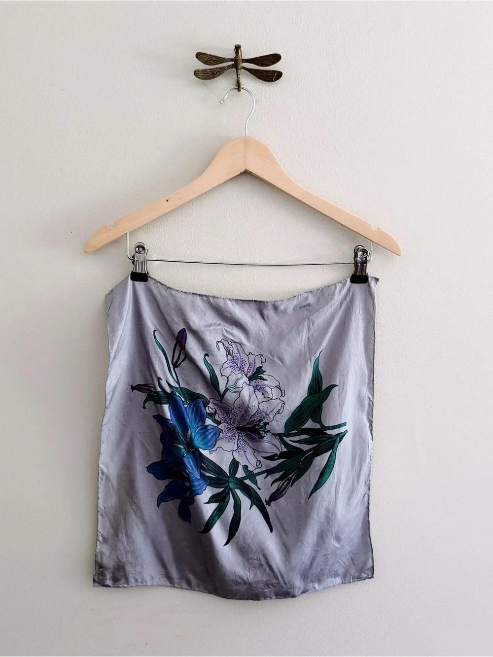 Vintage Silk Silvery Blue Gray Floral Square Scarf